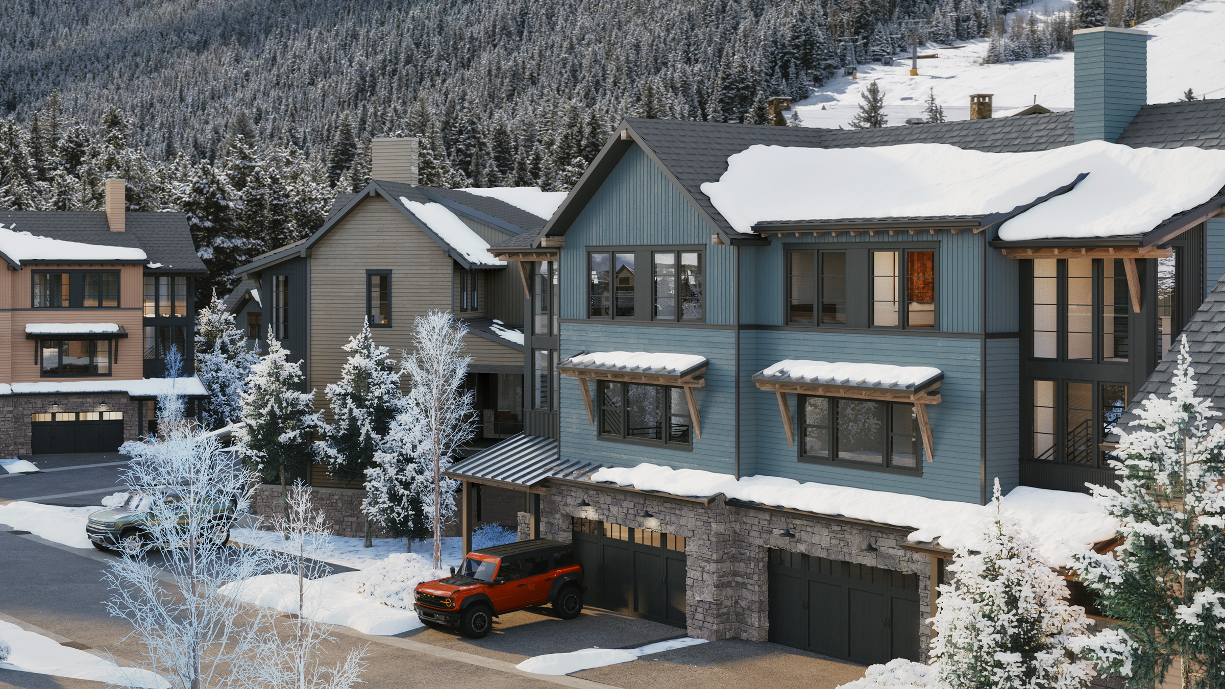 Residences feature mountain modern architecture, two-car garages, and private driveways.